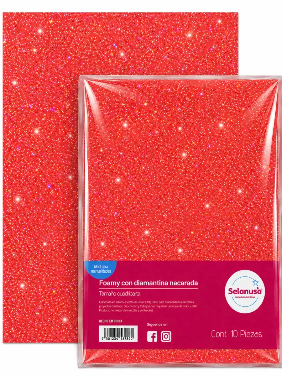 Foamy con diamantina color rojo iris 43x56 cm paquete 5 piezas