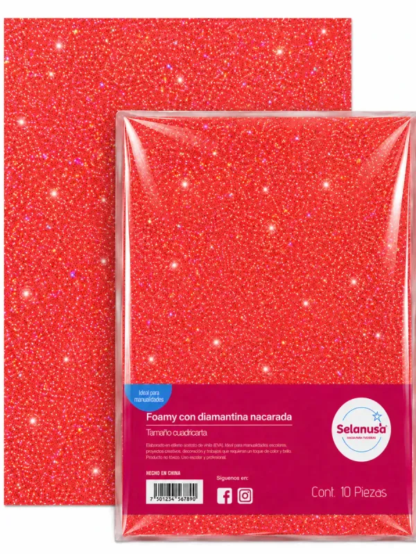 Foamy con diamantina color rojo iris 43x56 cm paquete 5 piezas