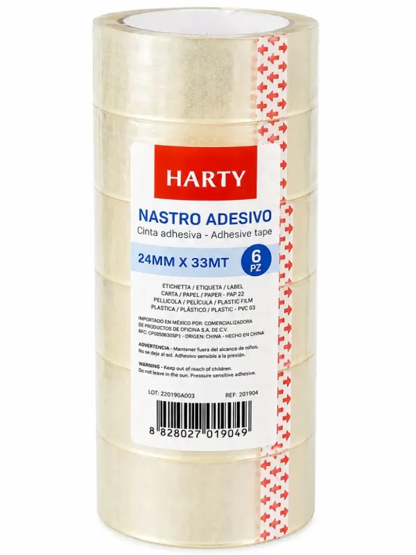 Paquete con 6 cintas transparentes Harty 2.4 cm x 33 m