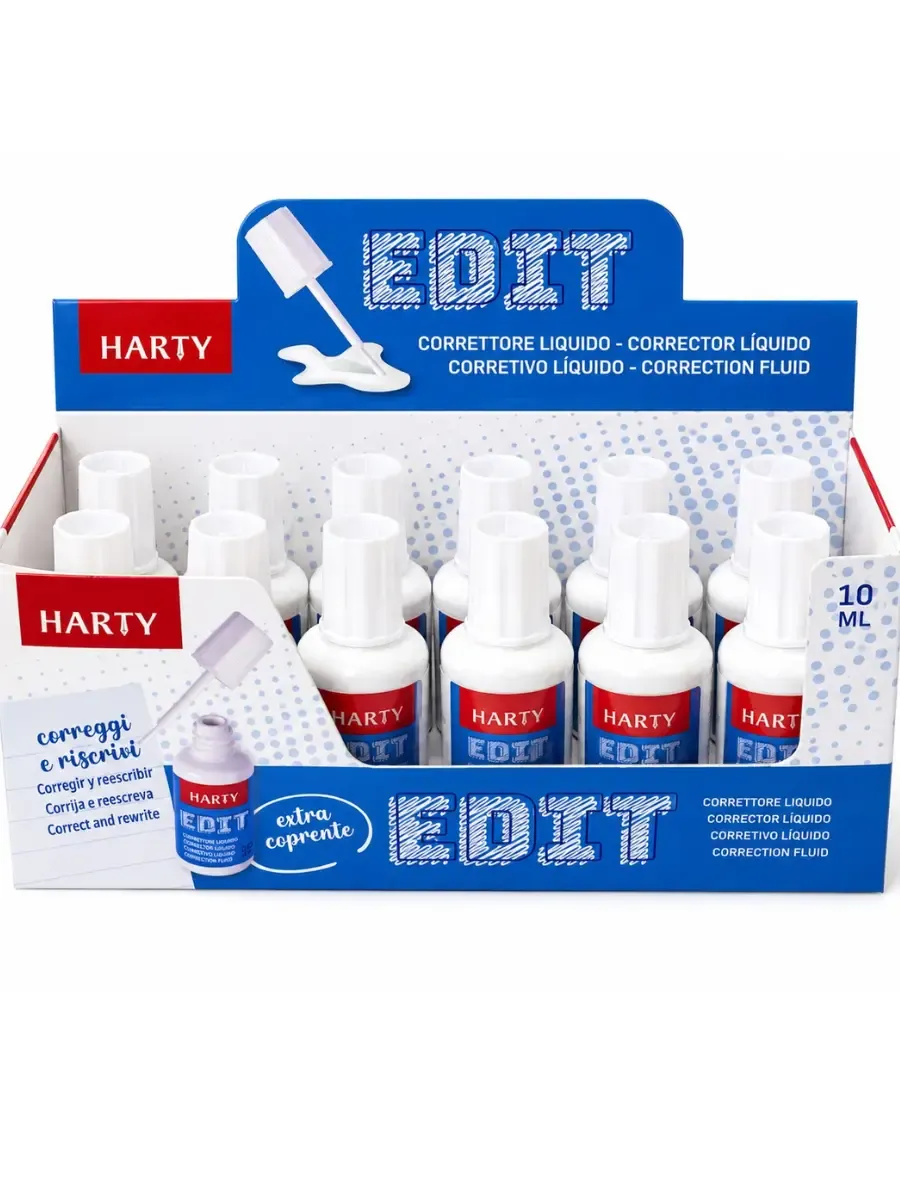 Corrector líquido con brocha marca Harty caja con 12 piezas