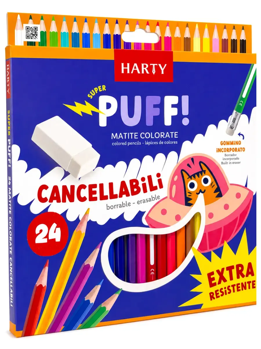 Lápices de colores largos Harty Puff 24 piezas con borradores