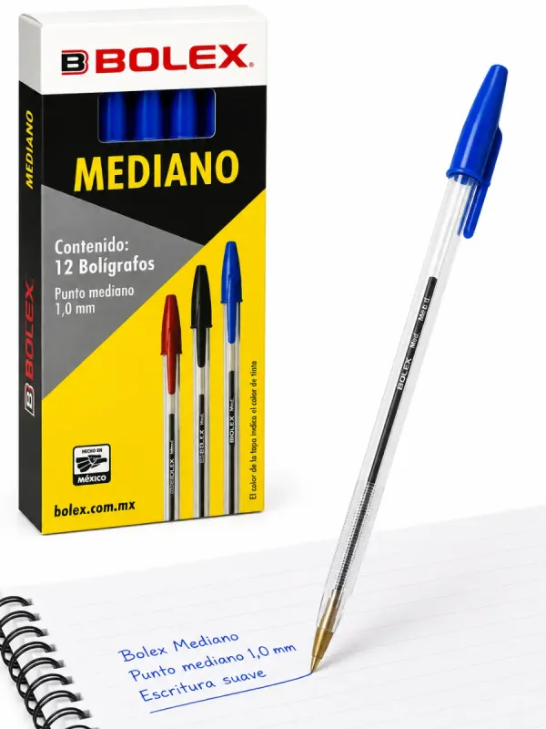 Bolígrafo Bolex punto mediano 1.0 mm azul c/12 pzas – Mayoreo Bolígrafo económico Bolex punto fino azul en caja de 12