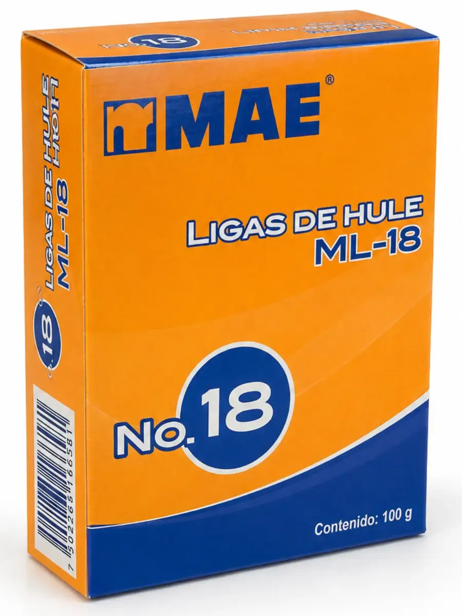 Caja con 100 gramos de ligas de hule número 18 color natural mayoreo