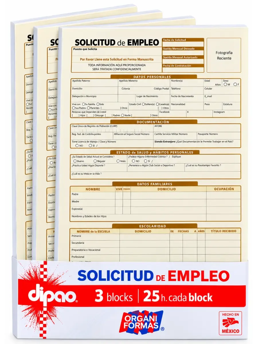Block de solicitudes de empleo paquete con 3 piezas de 25 hojas mayoreo
