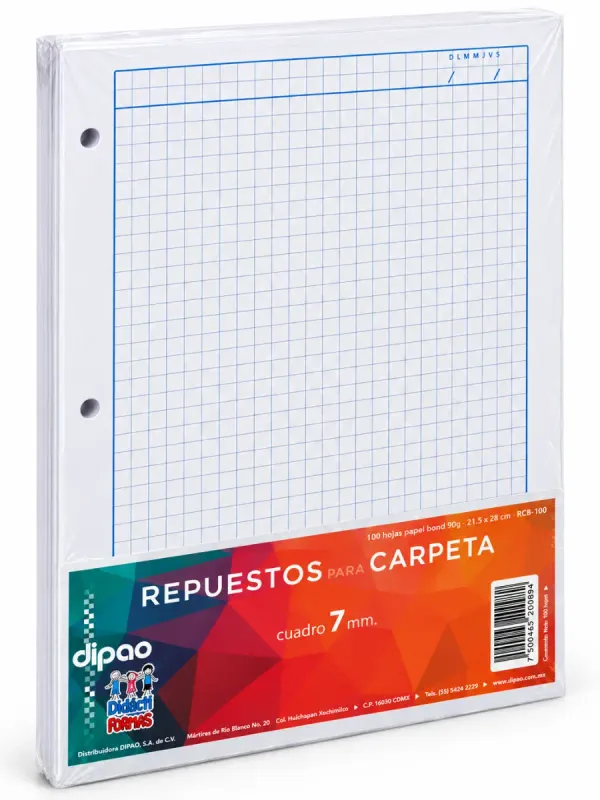 Paquete con 100 hojas de repuesto para carpeta cuadro 7 mm mayoreo