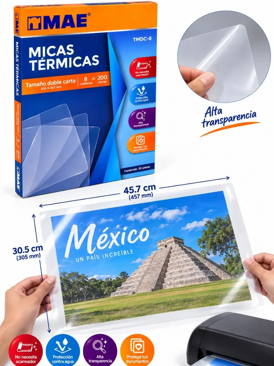 Mica Térmica 100x145mm 8 Mil/200 Micras (100 pzas) Paquete con 50 micas térmicas doble carta marca Mae de 8 micras al por mayor
