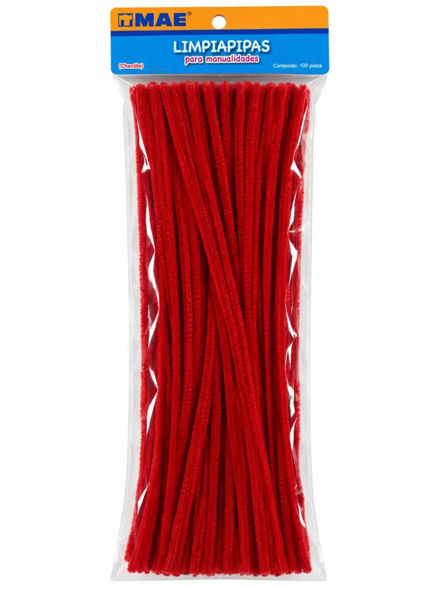 Limpiapipas chenille rojo paq c/100 pzas Mae – Mayoreo Paquete con 100 limpiapipas chenille color rojo marca Mae al por mayor