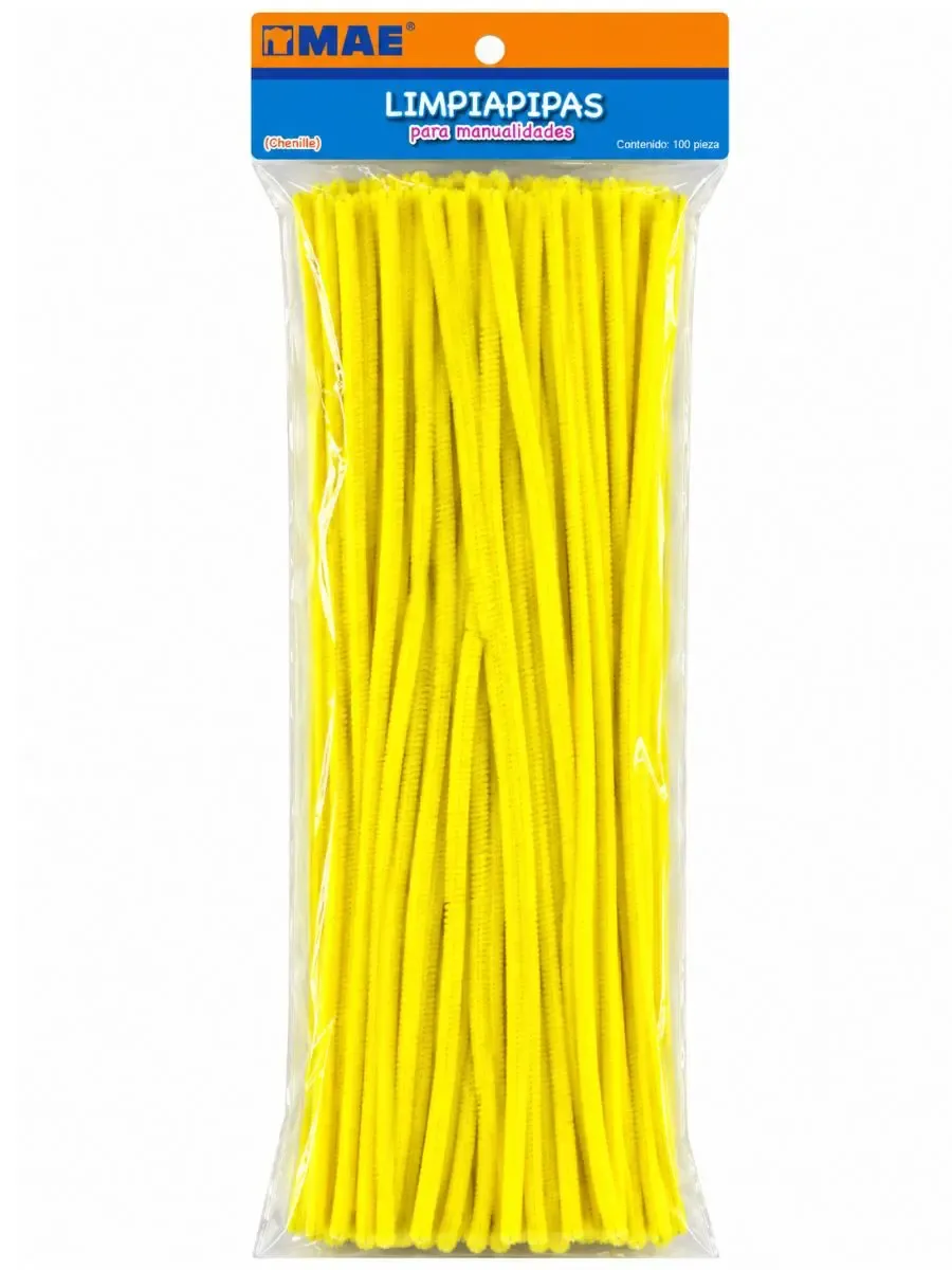 Limpiapipas chenille Amarillo paq c/100 pzas Mae – Mayoreo Bastoncillos chenille tono amarillo flexibles para proyectos escolares y manualidades