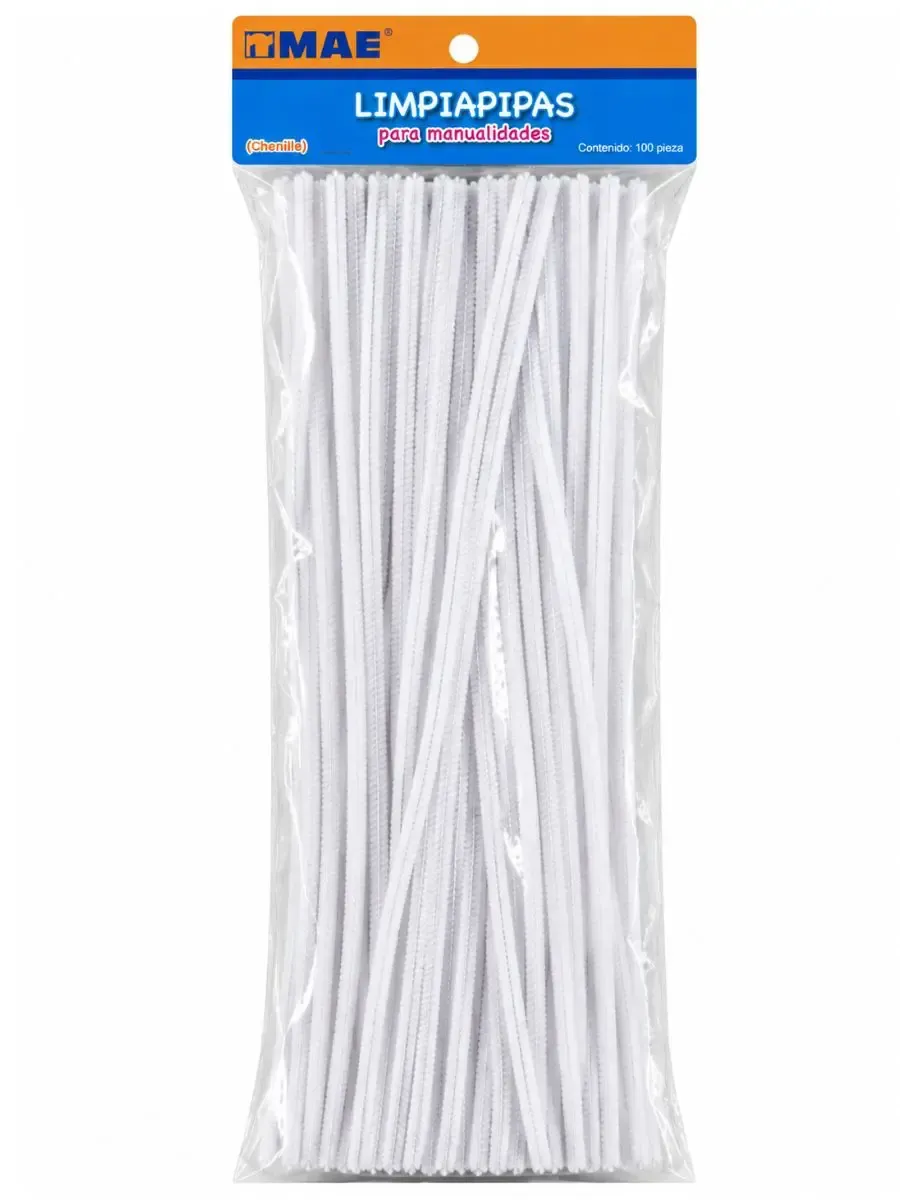 Limpiapipas chenille Blanco paq c/100 pzas Mae – Mayoreo Paquete con 100 limpiapipas chenille color blanco marca Mae mayoreo