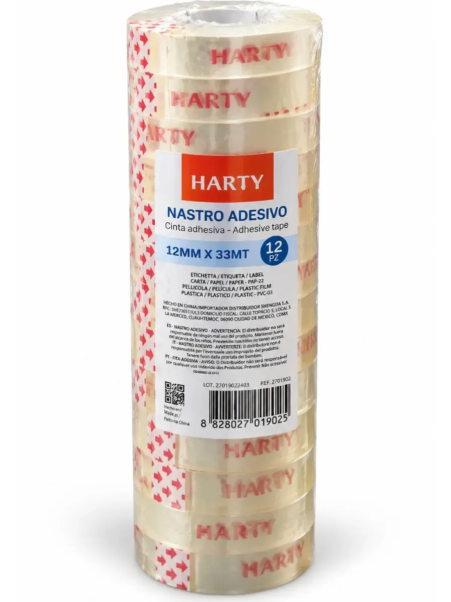 Paquete con 12 rollos de cinta adhesiva transparente Harty 12mm x 33m al por mayor