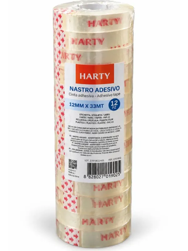 Paquete con 12 rollos de cinta adhesiva transparente Harty 12mm x 33m al por mayor
