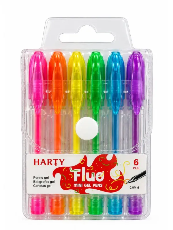 Estuche mini con 6 bolígrafos de gel Harty colores fluorescentes al por mayor
