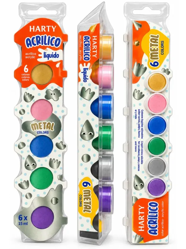 Pintura acrílica metálica Harty set de 6 pzas de 15 ml – Mayoreo Set con 6 pinturas acrílicas metálicas Harty de 15 ml al por mayor