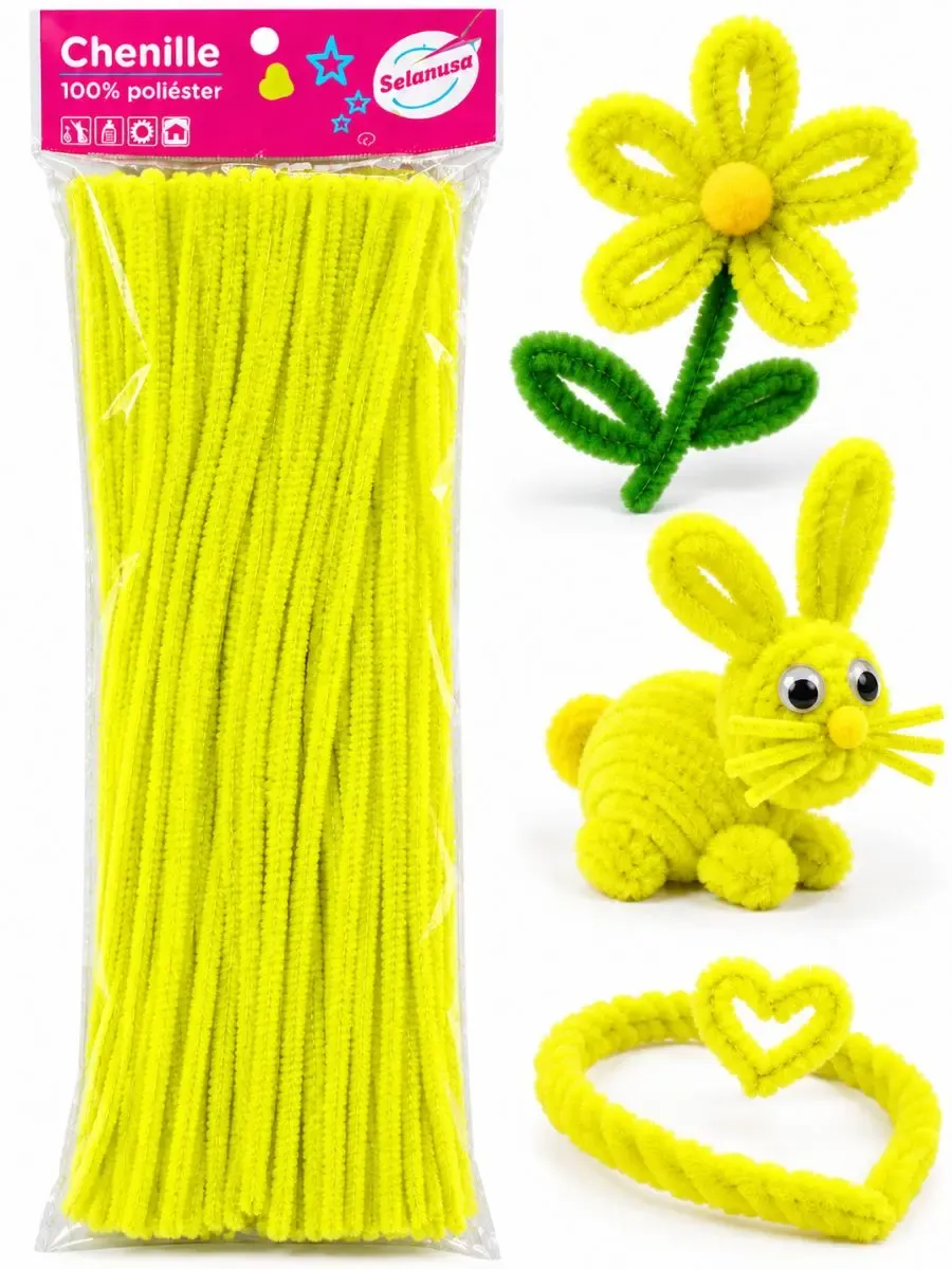 Limpiapipas chenille amarillo fluo #35 paq 100 pzas – Mayoreo Paquete con 100 limpiapipas chenille amarillo fluorescente #35 Selanusa al por mayor