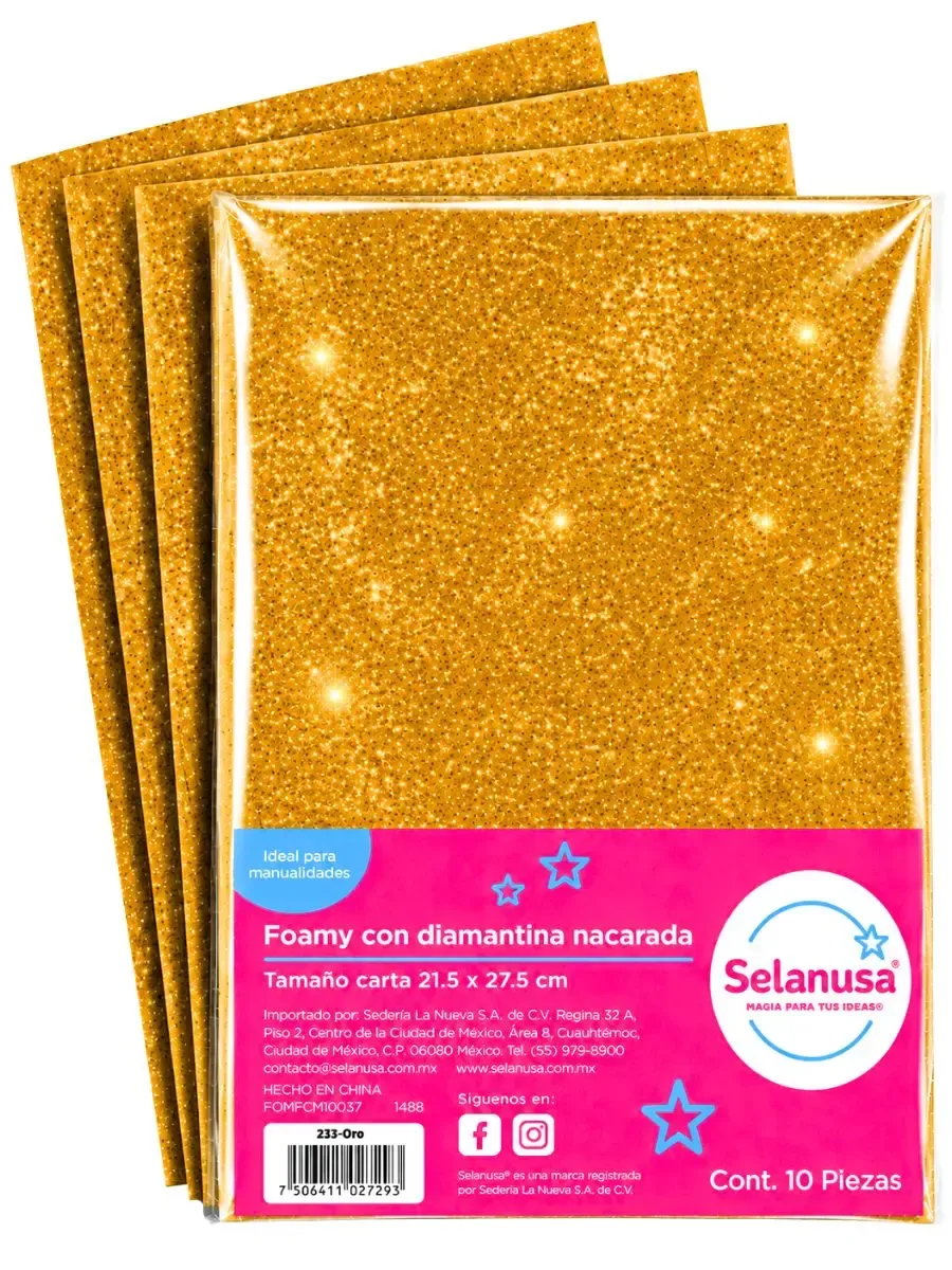 Foamy diamantado oro Selanusa paq 10 – Mayoreo Paquete con 10 hojas de foamy carta diamantado oro Selanusa al por mayor