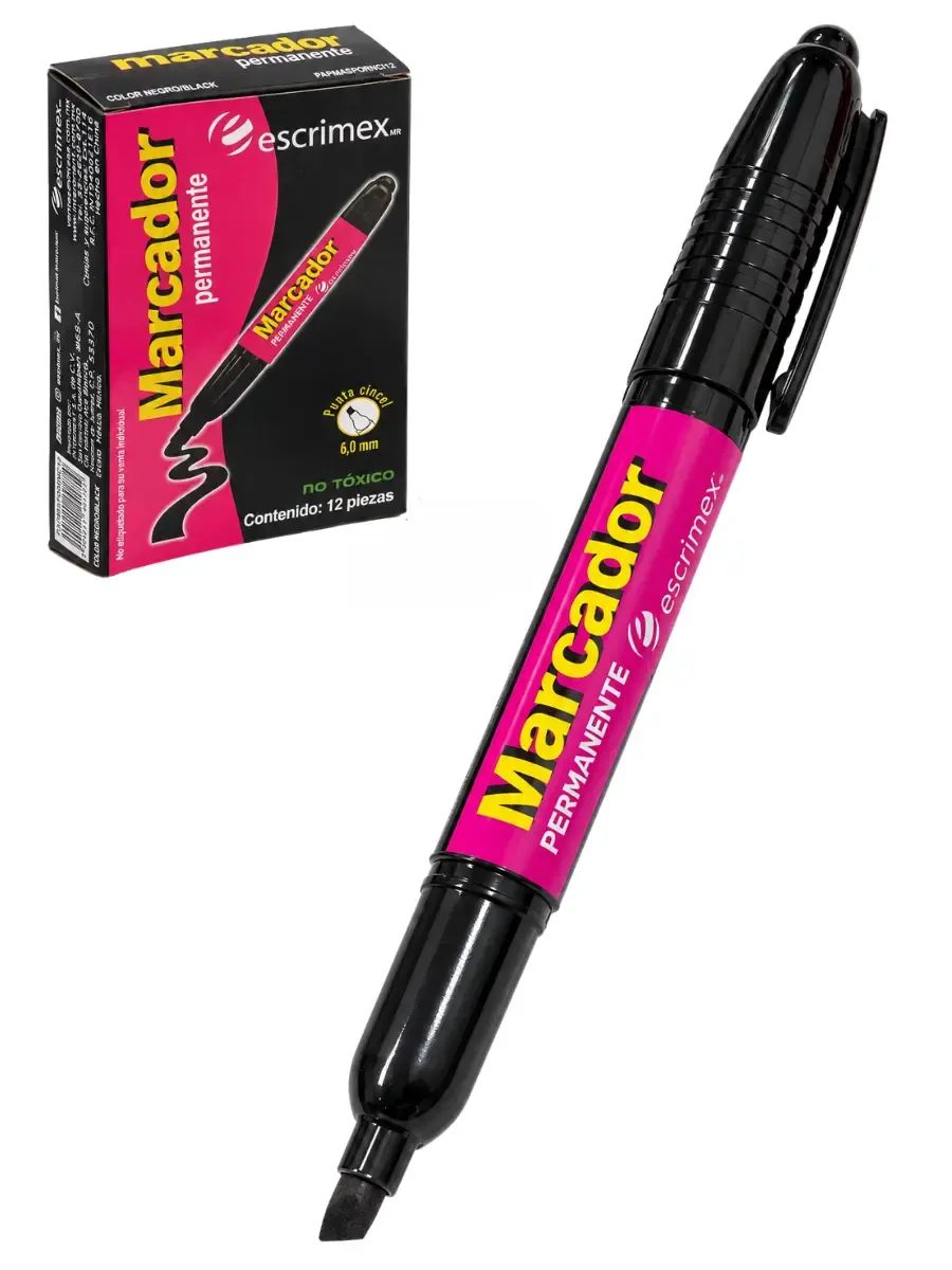 Marcador permanente punta cincel 6mm con 12 pzas Negro Caja de marcadores permanentes punta cincel de 6 mm con 12 piezas Escrimex al por mayor