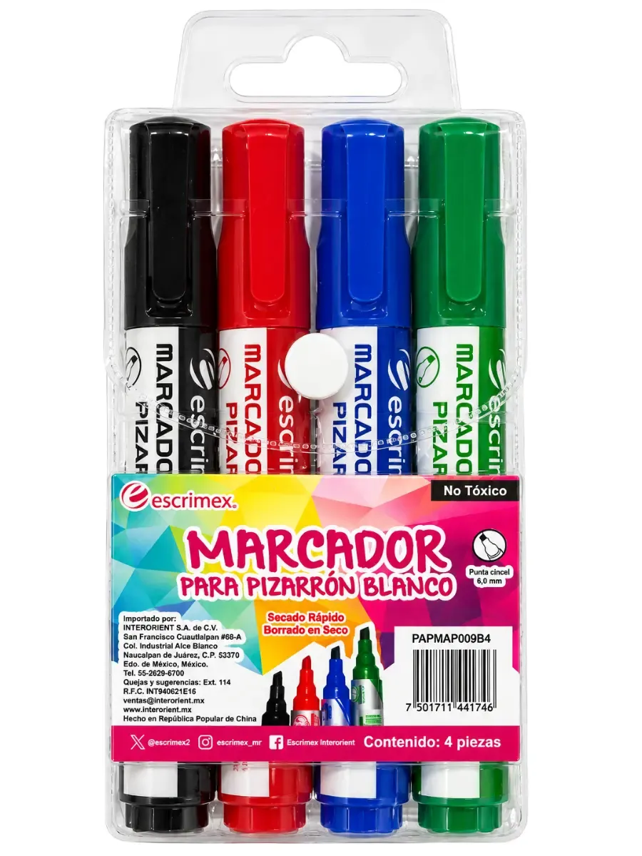 Marcadores para pizarra con 4 Escrimex – Mayoreo Estuche de marcadores borrables para pizarrón blanco con 4 colores Escrimex al por mayor