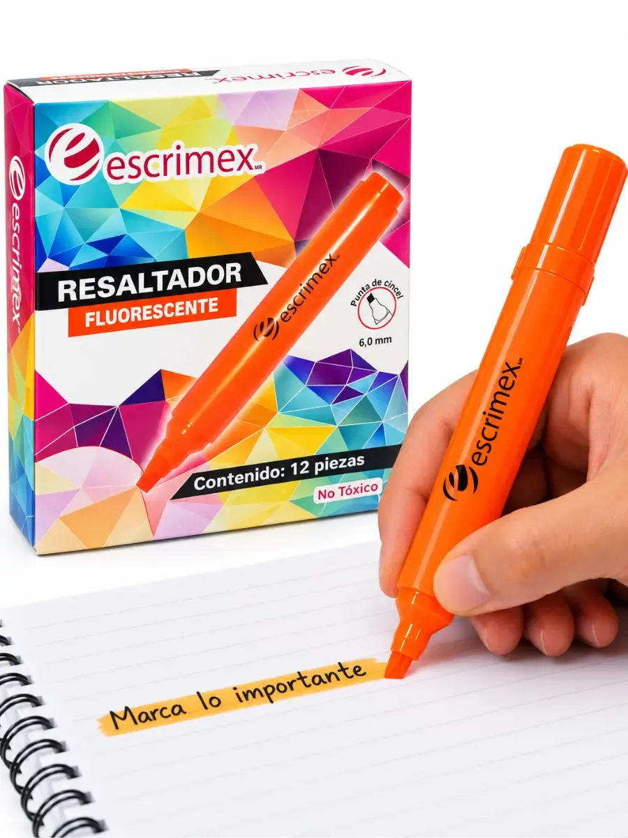 Resaltador grueso naranja con 12 pzas Escrimex – Mayoreo Caja de resaltadores de textos color naranja fluorescente con 12 piezas Escrimex al por mayor