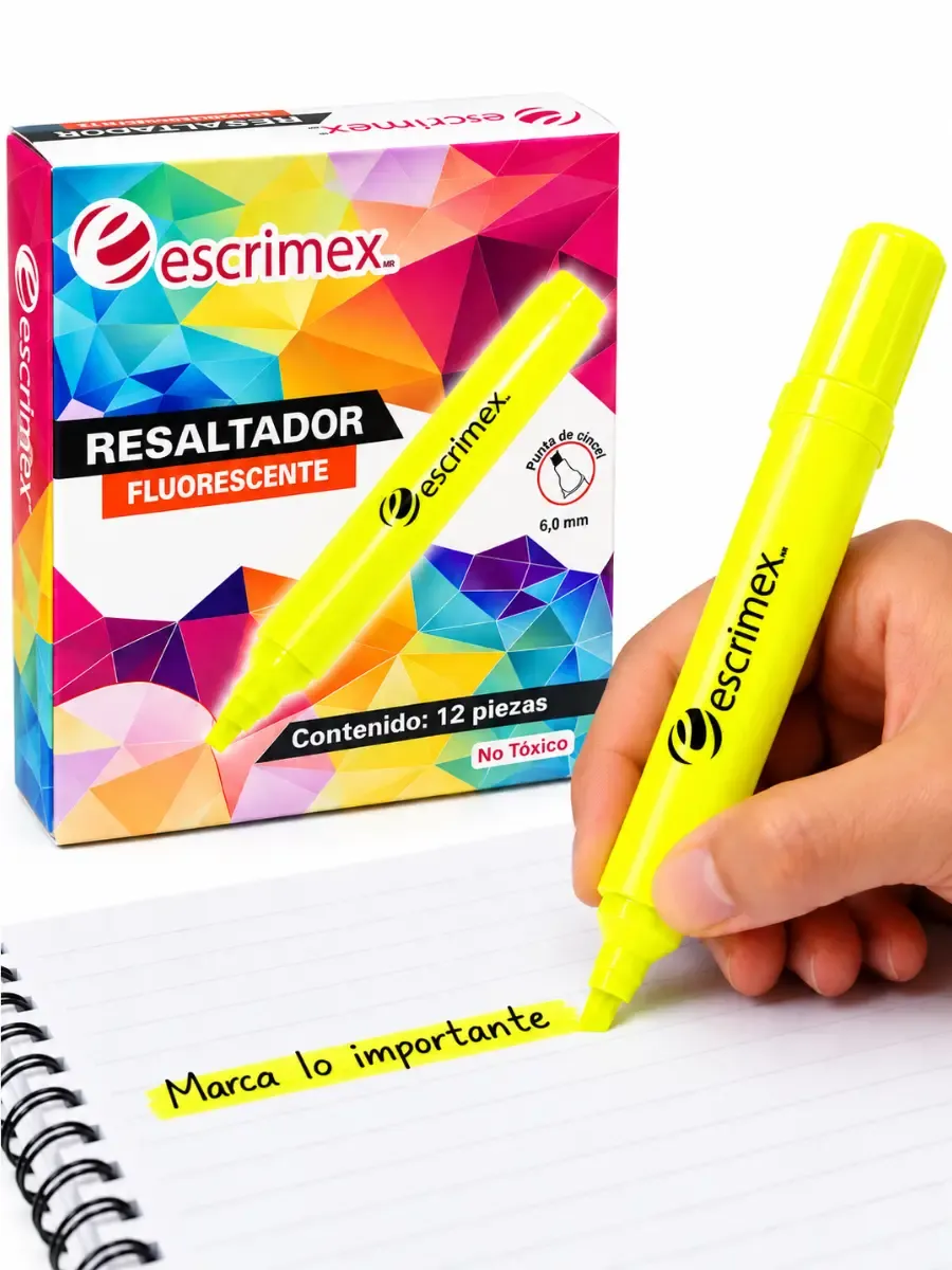 Caja de resaltadores de textos color amarillo fluorescente con 12 piezas Escrimex al por mayor