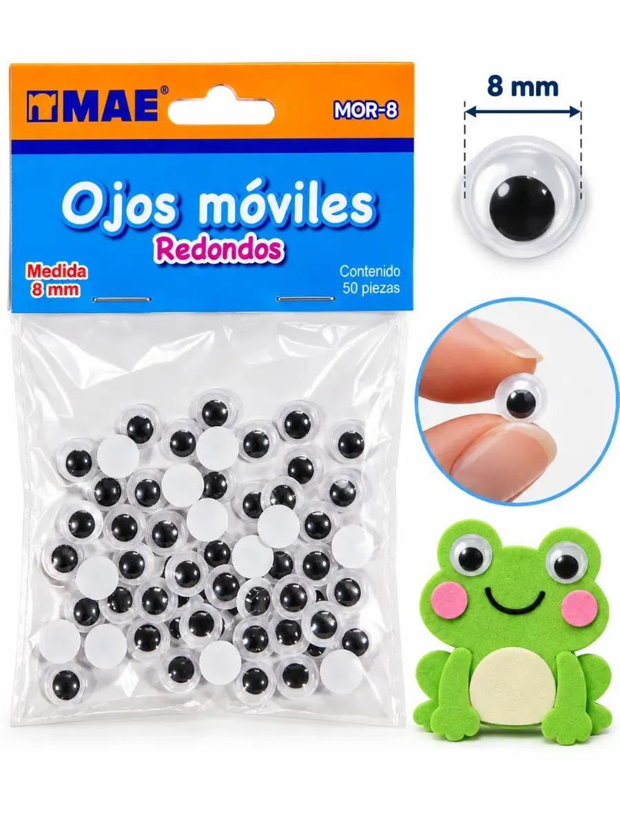 Ojos móviles Mae 8 mm con 50 pzas – Mayoreo Bolsa con 50 piezas de ojos móviles tradicionales para pegar marca Mae de 8 mm al por mayor