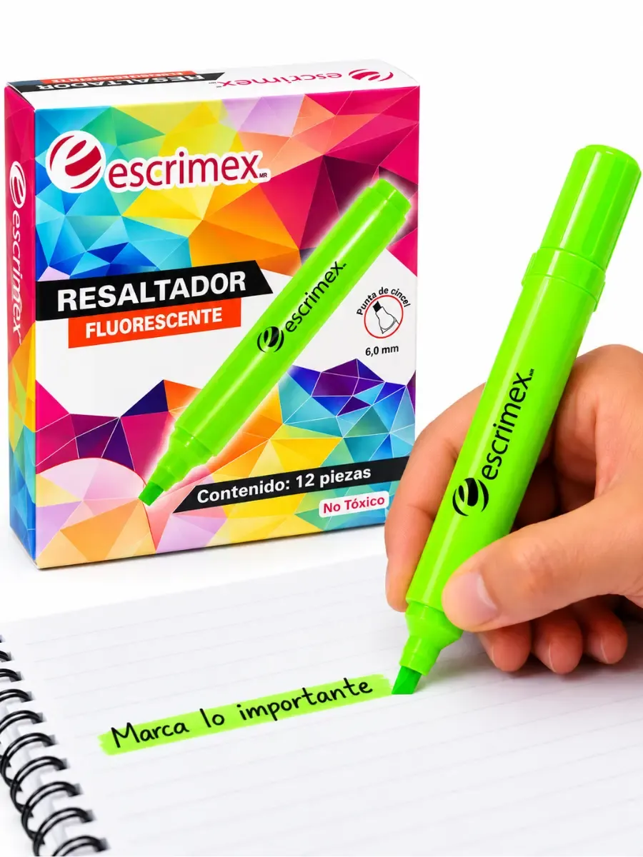 Caja de resaltadores de textos color verde fluorescente con 12 piezas Escrimex al por mayor