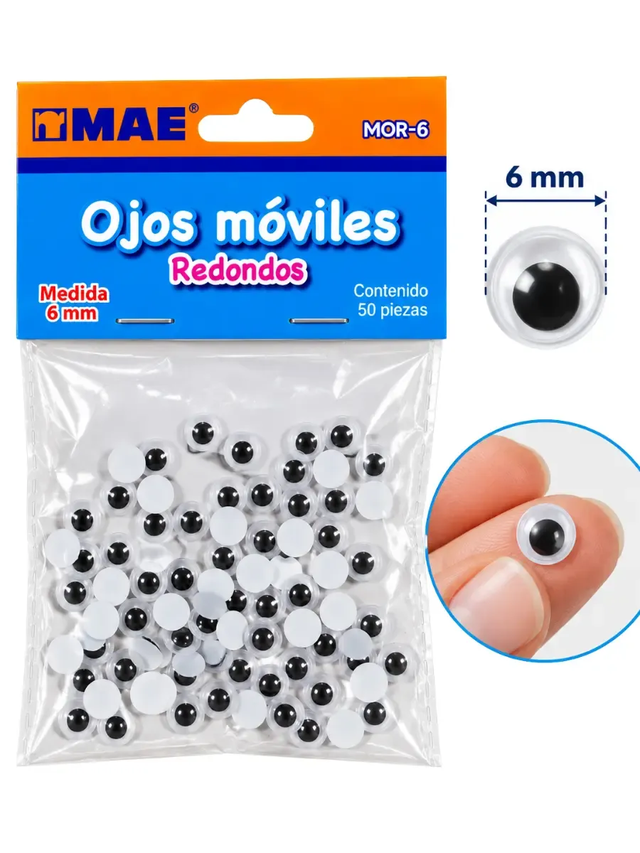 Ojos móviles Mae 6 mm con 50 pzas – Mayoreo Bolsa con 50 piezas de ojos móviles tradicionales para pegar marca Mae de 6 mm al por mayor