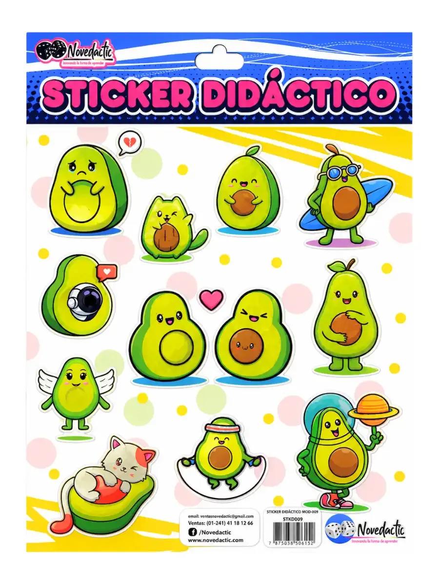 Set de 3 stickers didácticos con diseño de aguacates tiernos para decoración escolar y manualidades