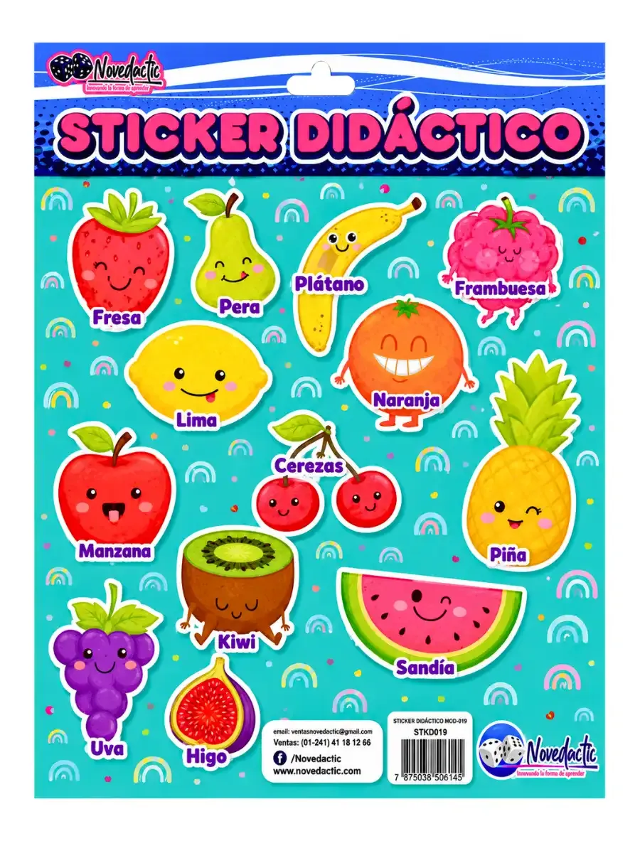 Set de 3 stickers didácticos con diseños coloridos de frutas para decoración escolar y manualidades
