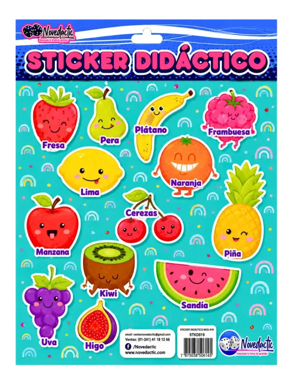 Set de 3 stickers didácticos con diseños coloridos de frutas para decoración escolar y manualidades