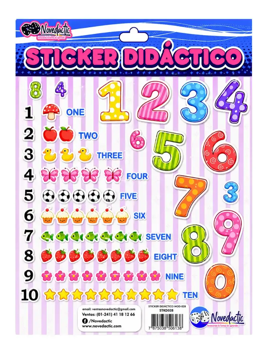 Set de 3 stickers didácticos con números del 1 al 10 e ilustraciones de conteo escolar