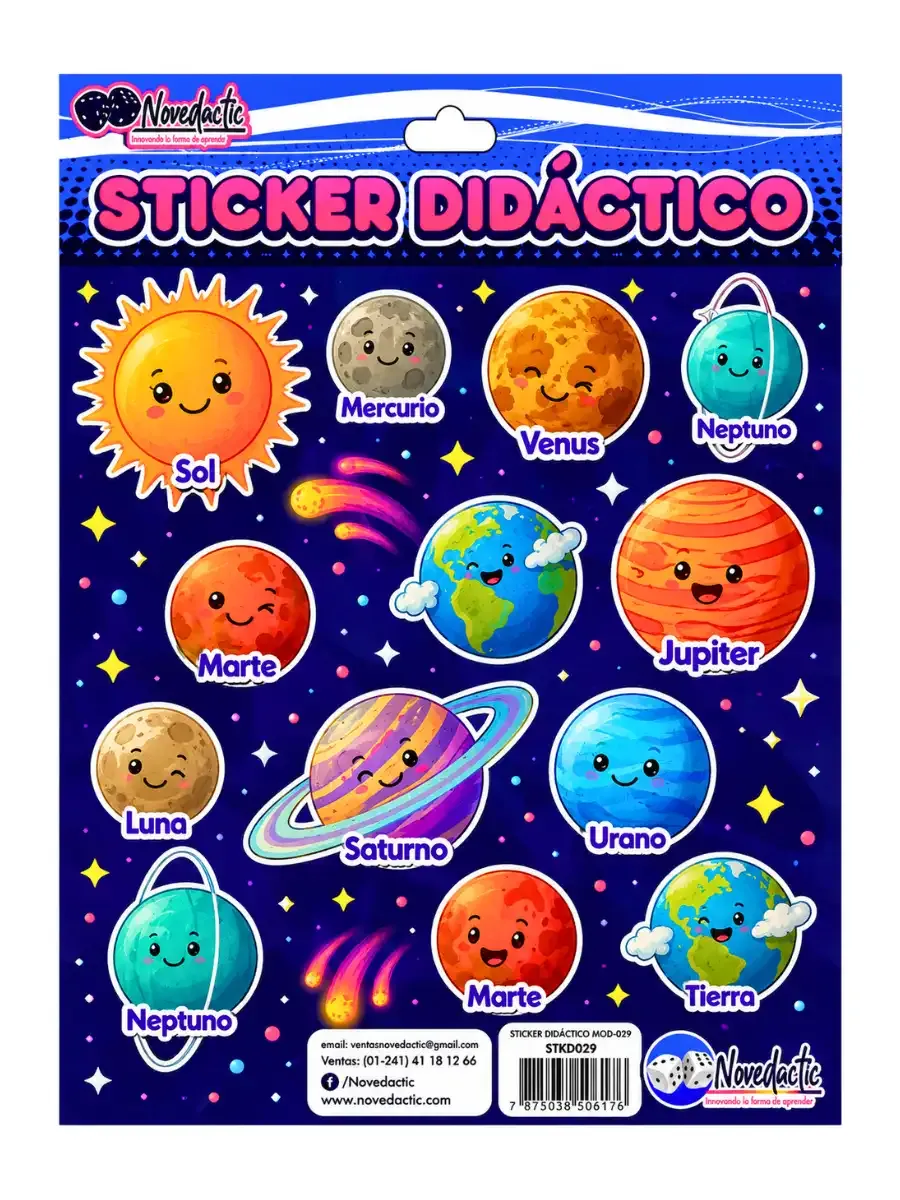 Set de 3 stickers didácticos con planetas y cuerpos celestes del sistema solar para decoración escolar
