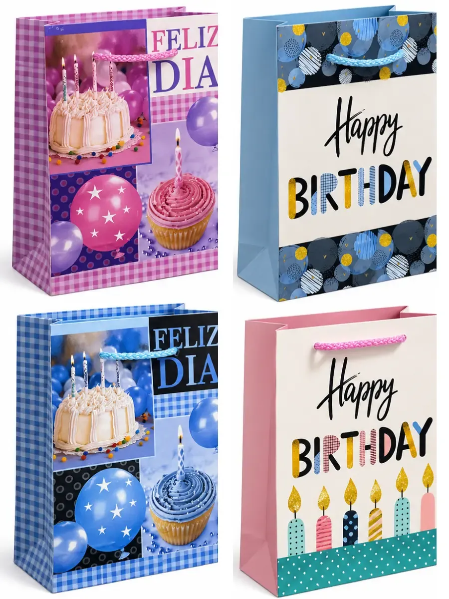 Paquete con 9 pzas de bolsas de regalo chicas modelo Cumple Genial de 22x15 cm al por mayor