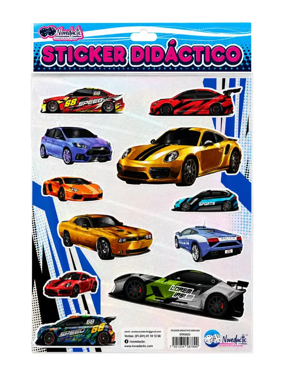 Set de 3 stickers didácticos con diseños coloridos de automóviles y transportes para decoración escolar