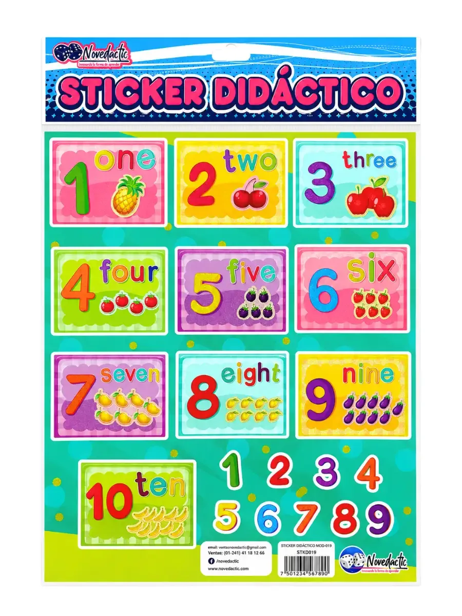Set de 3 stickers didácticos con números y escritura en inglés para aprendizaje escolar