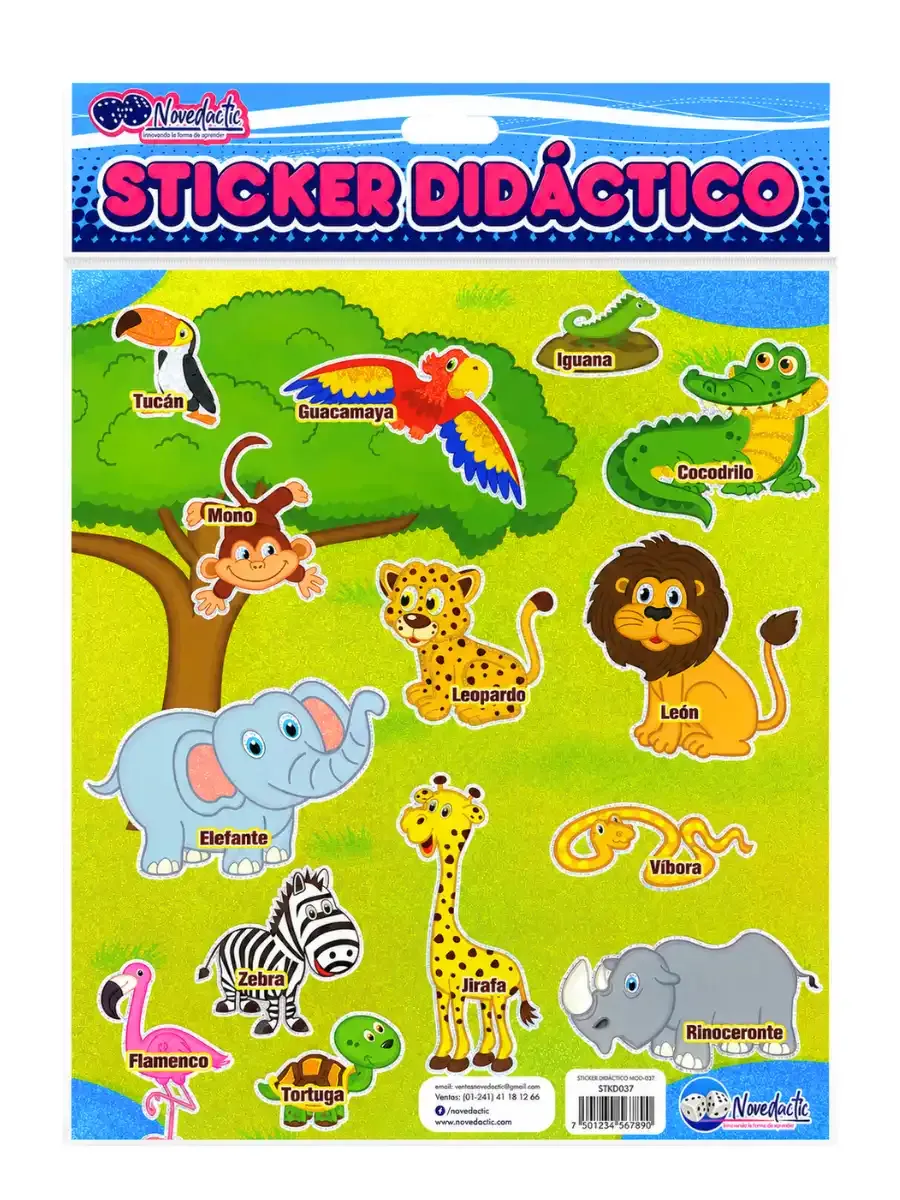 Set de 3 stickers didácticos con animales de la selva y naturaleza para decoración escolar