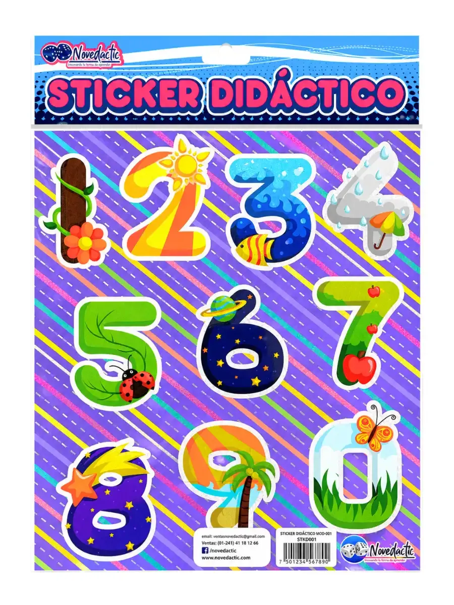 Sticker Didáctico Números 0-9 C/3 Pzas – Mayoreo Set de 3 stickers didácticos con números del 0 al 9 e ilustraciones de conteo para aprendizaje escolar