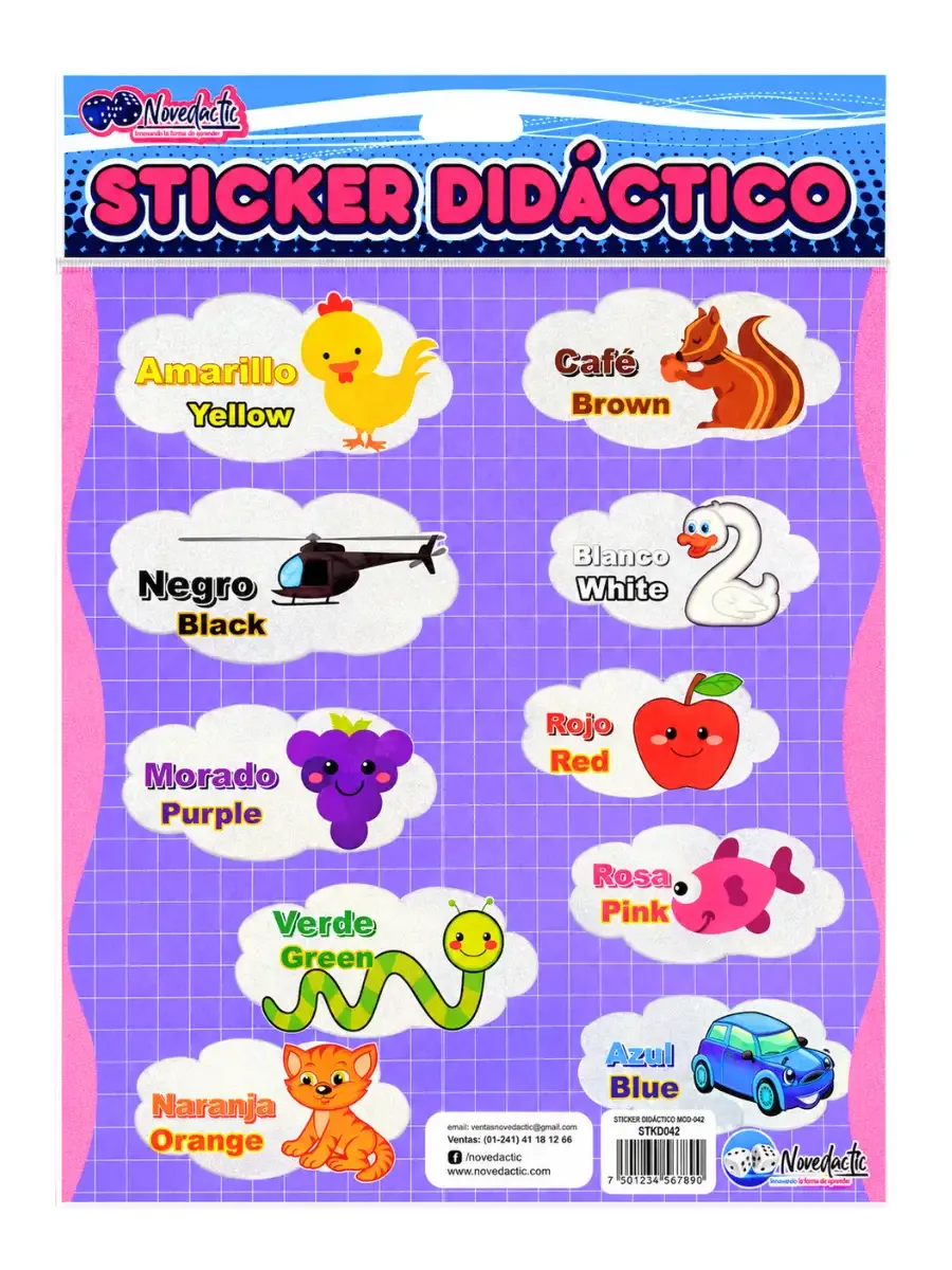 Sticker Didáctico Colores en Ingles C/3 Pzas – Mayoreo Set de 3 stickers didácticos con nombres de colores en inglés y elementos visuales para aprendizaje escolar