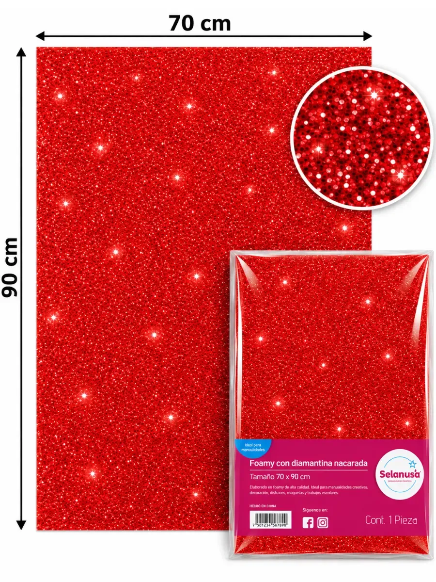 Pliego de goma eva con diamantina color rojo brillante de gran formato para manualidades