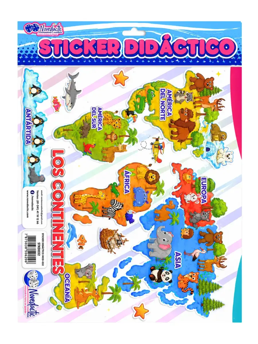 Set de 3 stickers didácticos con los continentes y mapamundi para aprendizaje escolar de geografía