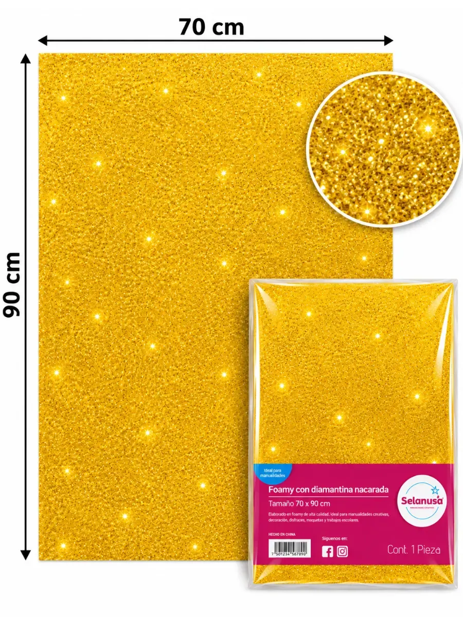 Pliego grande de material flexible goma eva con escarcha brillante en tono oro clásico