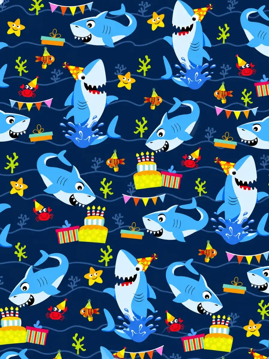 Papel de Regalo Cumple Sharky C/10 pzas - Mayoreo Paquete con 10 pliegos de papel de regalo Cumple Sharky con diseños infantiles y tiburones de 69x51 cm