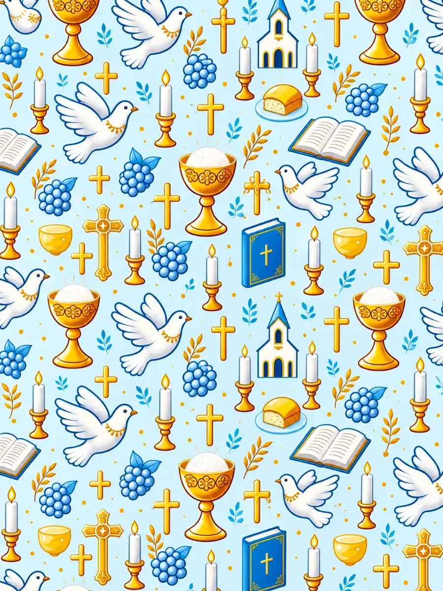 Papel de Regalo Comunión Niño C/10 pzas - Mayoreo Paquete con 10 pliegos de papel de regalo para primera comunión de niño de 69x51 cm con diseños religiosos y elegantes