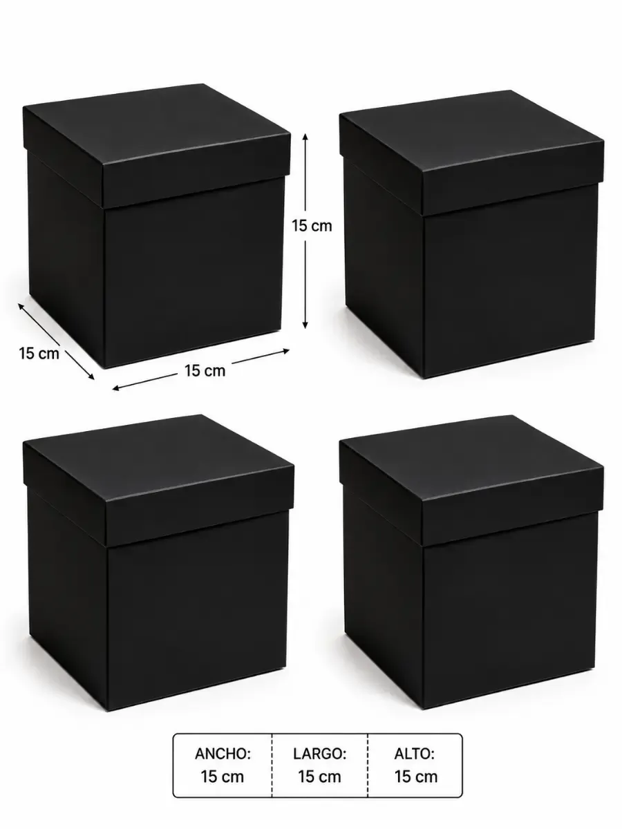 Caja Cubo Negro (15x15x15 cm) - Paquete con 4 pzas Paquete al por mayor de caja cubo negra 15x15 cm con 4 piezas de cartón grueso