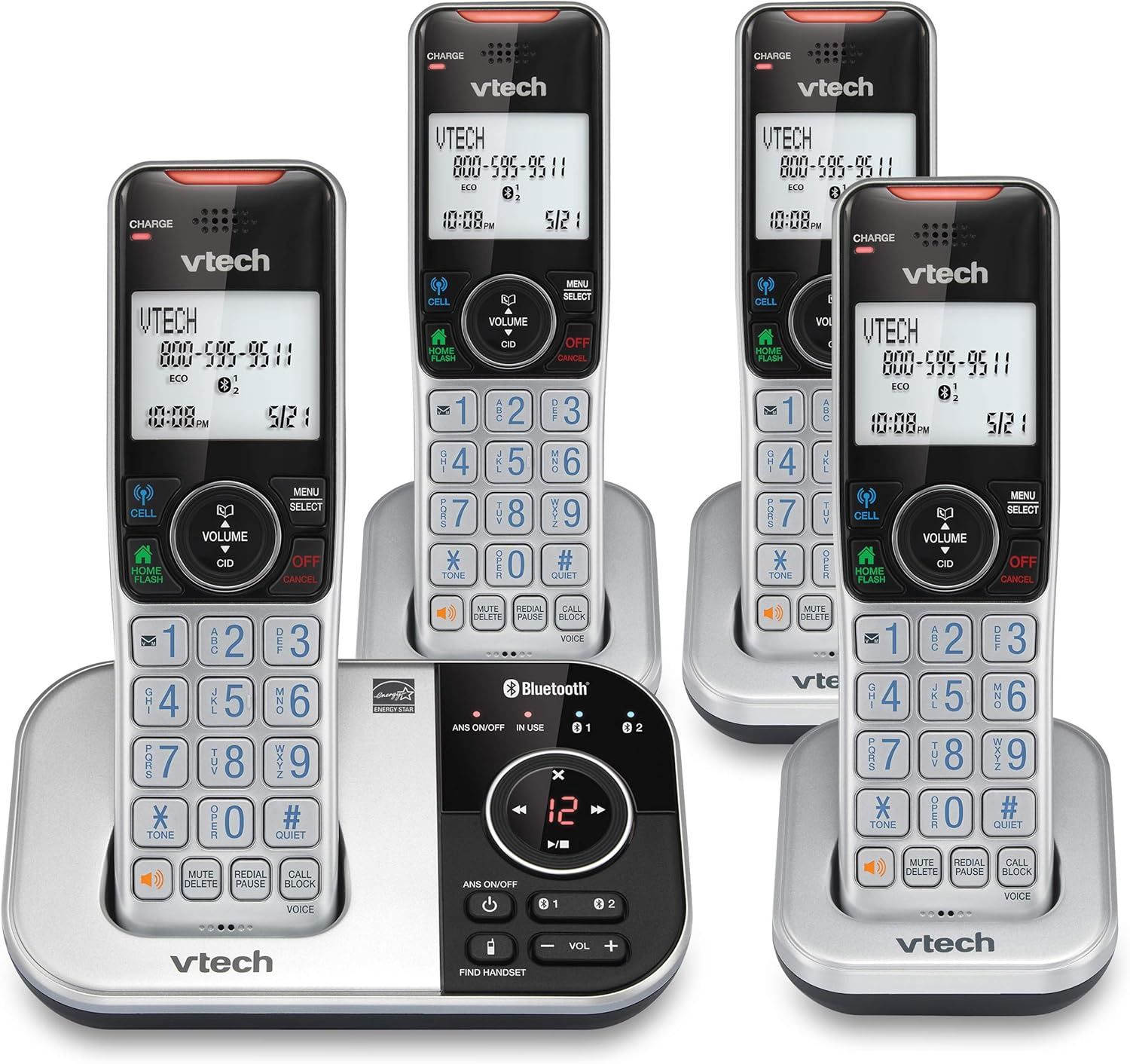 VTech VS112-4 Bluetooth 4 Handset Cordless Phone for Home with Answering Machine, Call Blocking, Caller ID, Intercom and Connect to Cell