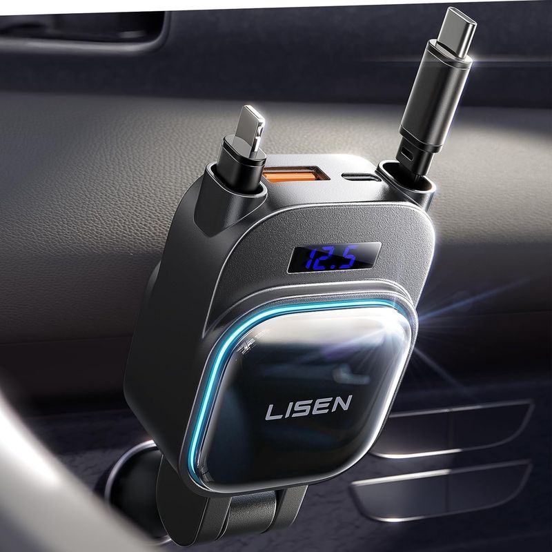 96W CAR CHARGER RETRACTABLE CABLES LIGHTNING + USB C LISEN