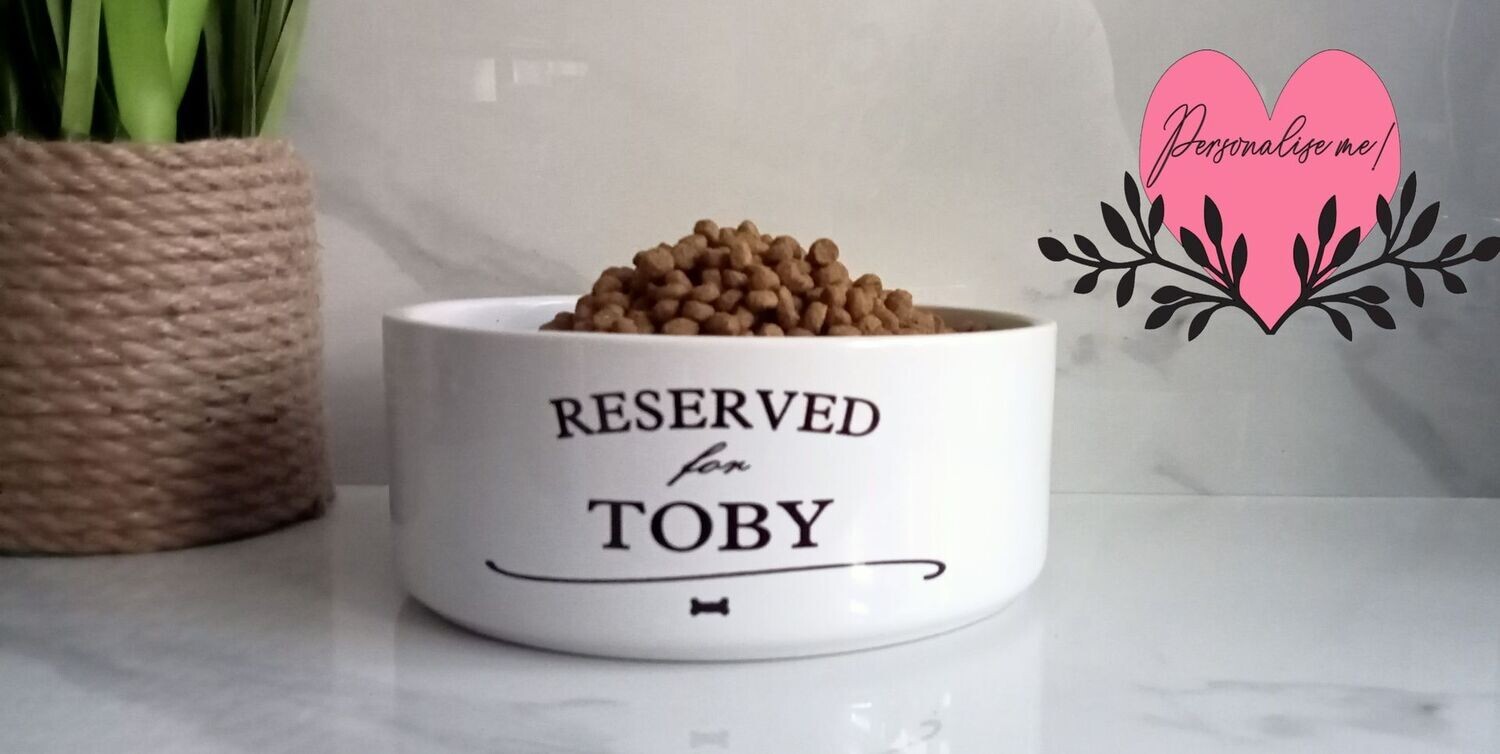 Personalised ceramic dog,cat,or pet bowl with your choice of text. Perfect feeding bowl for your pet