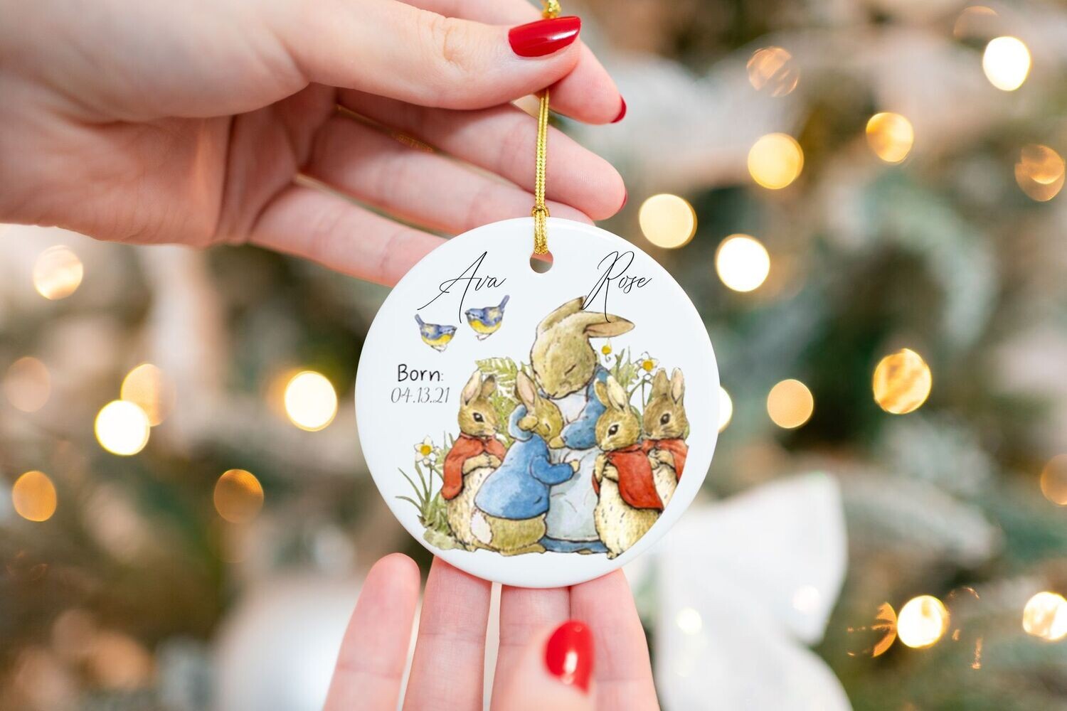 Gorgeous personalised hanging keepsake gift perfect for baby shower keepsake birth date name hanging ornament with rope peter rabbit