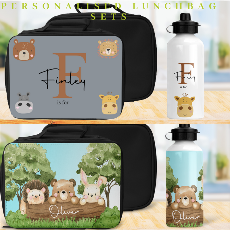 Personalised lunchbag sets for school, preschool, nursery including bottle, lunchbag choose items and personalise with name