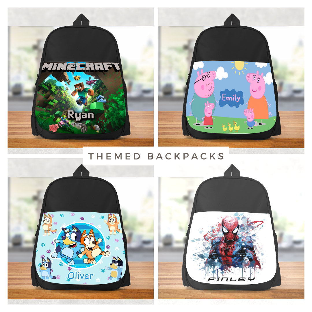 Personalised themed backpacks including minecraft, peppa, spiderman, bluey. Add name to backpack, perfect for nursery, pre-school