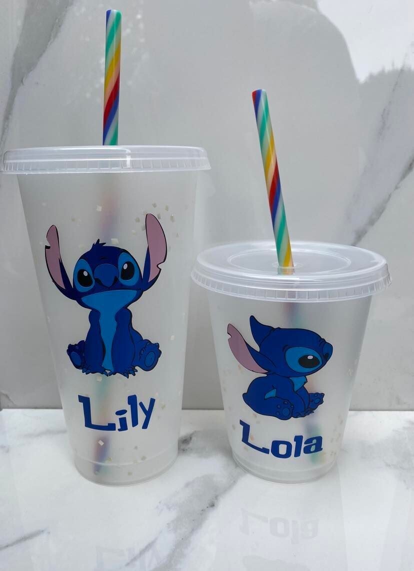 16 or 20oz personalised lilo and stitch theme cold cups with glitter cold cup and rainbow straw. Add your name